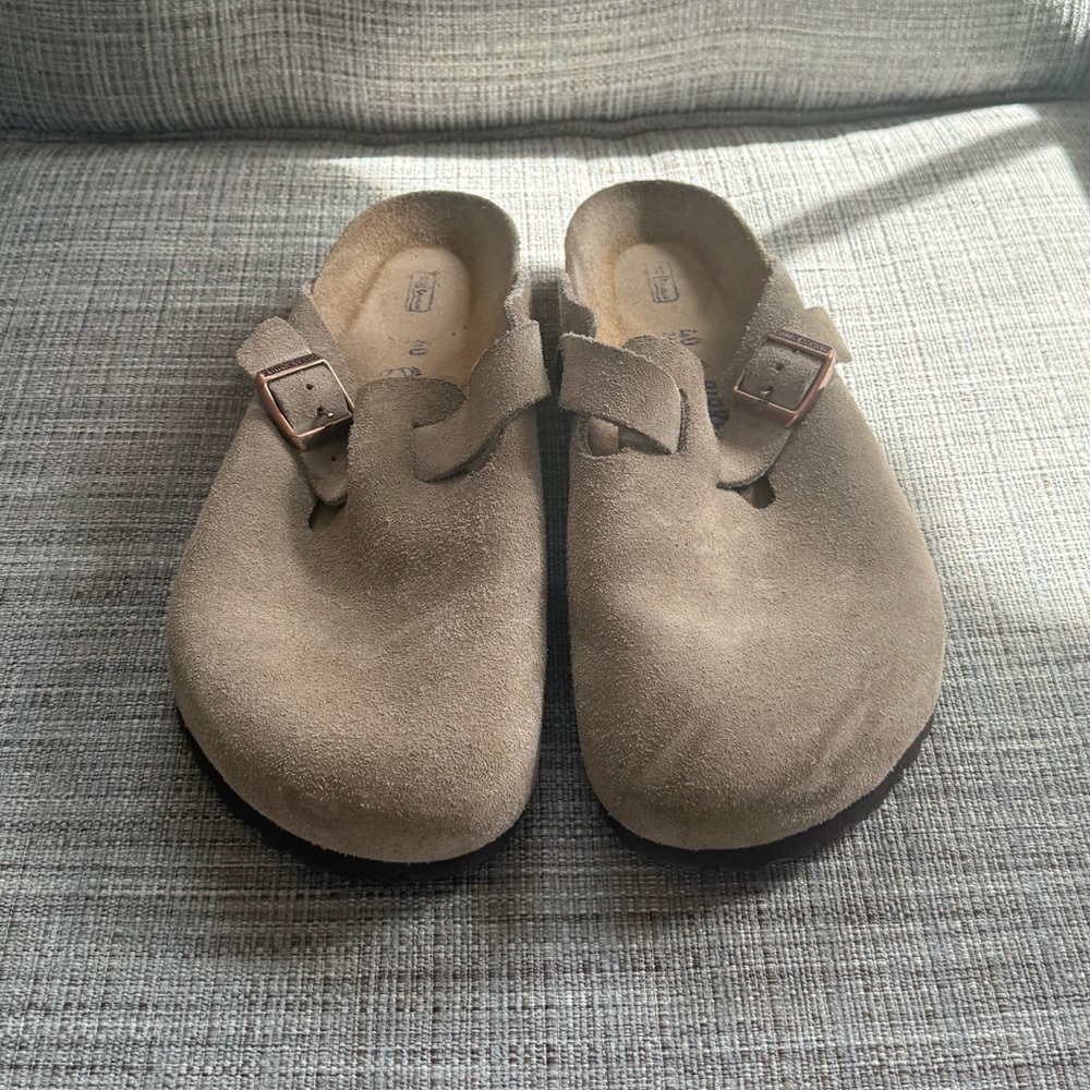 Birkenstock Taupe Suede Slip-On Clogs with Buckle